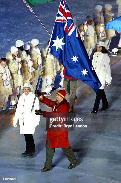 Australian Speed Skater and Gold medal winner Steven Bradbury with the Australian Flag during the Closing Ceremony of the Salt Lake City Winter...