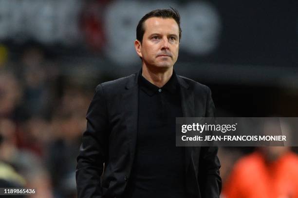 Rennes' French coach Julien Stephan reacts during the French L1 football match between Stade Rennais Football Club and FC Girondins de Bordeaux at...