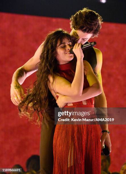 Shawn Mendes and Camila Cabello perform onstage during the 2019 American Music Awards at Microsoft Theater on November 24, 2019 in Los Angeles,...