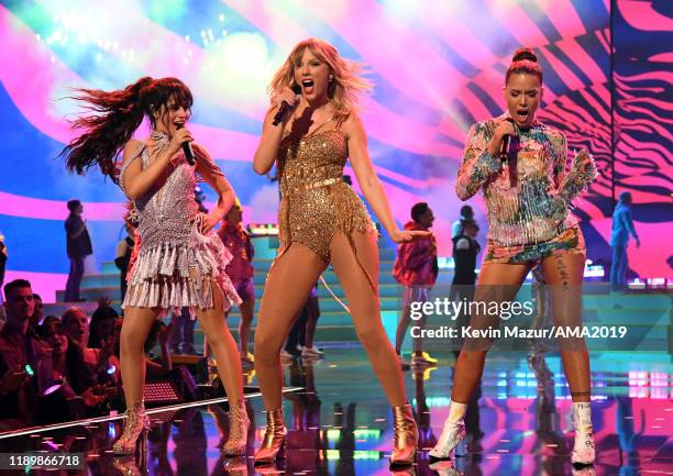 Camila Cabello, Taylor Swift, and Halsey perform onstage during the 2019 American Music Awards at Microsoft Theater on November 24, 2019 in Los...