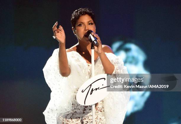 Toni Braxton performs onstage during the 2019 American Music Awards at Microsoft Theater on November 24, 2019 in Los Angeles, California.