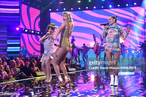 Camila Cabello, Taylor Swift and Halsey perform onstage during the 2019 American Music Awards at Microsoft Theater on November 24, 2019 in Los...