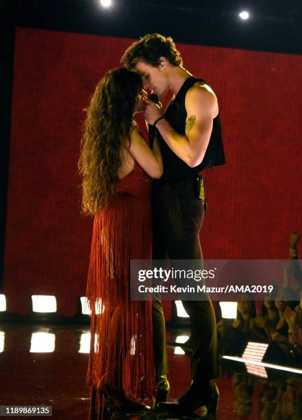 Camila Cabello and Shawn Mendes perform onstage during the 2019 American Music Awards at Microsoft Theater on November 24, 2019 in Los Angeles,...