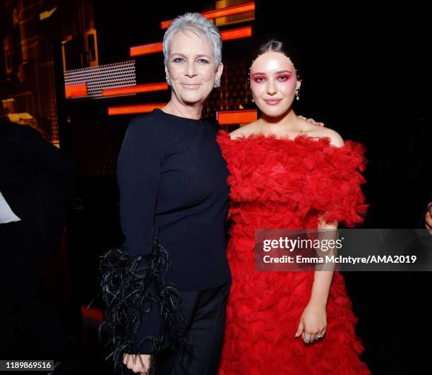 Jamie Lee Curtis and Katherine Langford attend the 2019 American Music Awards at Microsoft Theater on November 24, 2019 in Los Angeles, California.