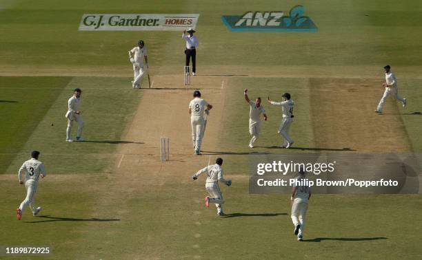 Neil Wagner of New Zealand celebrates after dismissing Stuart Broad of England as New Zealand won the first Test match between New Zealand and...