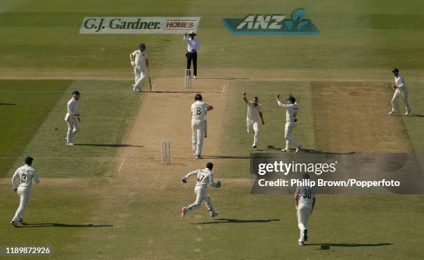 Neil Wagner of New Zealand celebrates after dismissing Stuart Broad of England as New Zealand won the first Test match between New Zealand and...