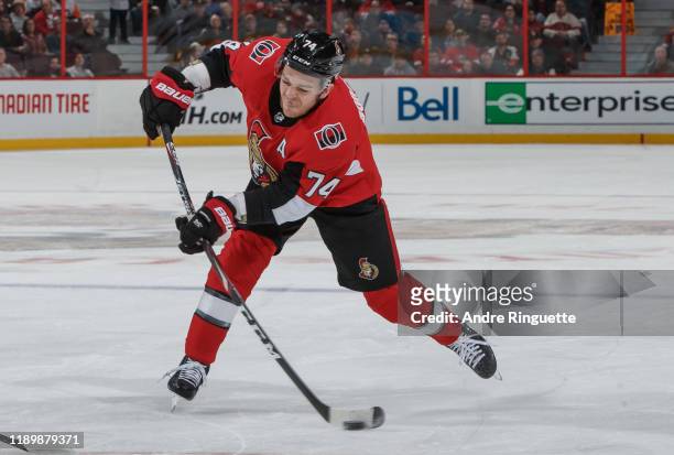 Mark Borowiecki of the Ottawa Senators shoots the puck against the Philadelphia Flyers at Canadian Tire Centre on December 21, 2019 in Ottawa,...