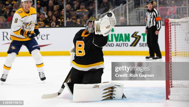 Jaroslav Halak of the Boston Bruins makes a glove save during the second period against the Nashville Predators at TD Garden on December 21, 2019 in...