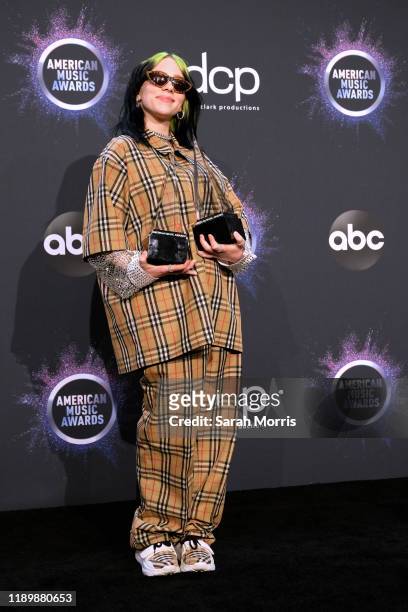 Billie Eilish poses in the press room at the 2019 American Music Awards at Microsoft Theater on November 24, 2019 in Los Angeles, California.