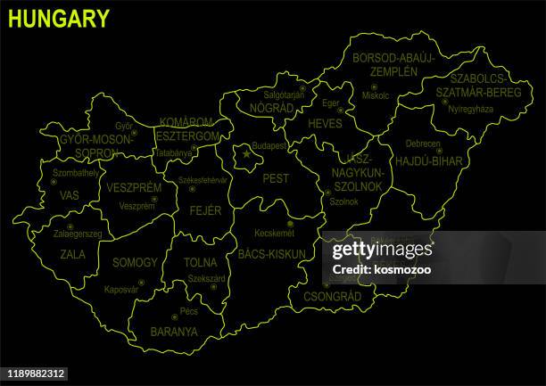 neon map of hungary against black background - hungarian food stock illustrations