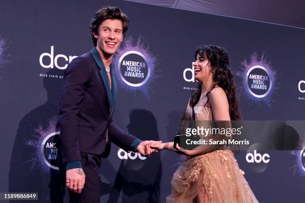 Shawn Mendes and Camila Cabello pose in the press room at the 2019 American Music Awards at Microsoft Theater on November 24, 2019 in Los Angeles,...