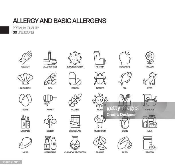 illustrazioni stock, clip art, cartoni animati e icone di tendenza di semplice set di icone di linea vettoriale correlate all'allergia e agli allergeni di base. insieme outline symbol - allergia