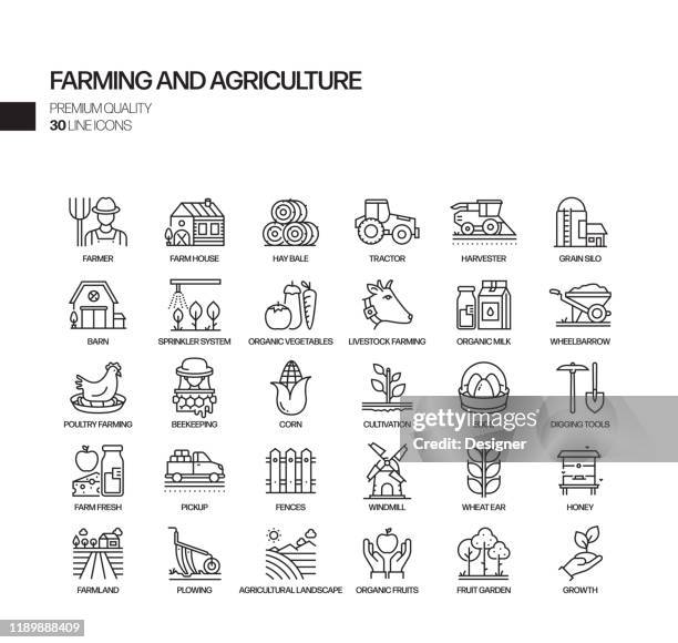 simple set of farming and agriculture related vector line icons. outline symbol collection - farmer stock illustrations