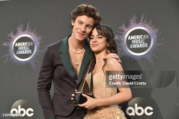 Shawn Mendes and Camila Cabello attend the 47th Annual American Music Awards® - Press Room at Microsoft Theater on November 24, 2019 in Los Angeles,...