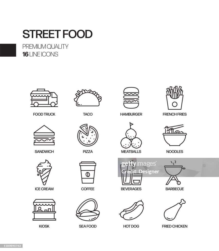 Eenvoudige set van Street Food gerelateerde vector lijn iconen. Outline Symbol-collectie