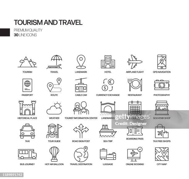 simple set of tourism and travel related vector line icons. outline symbol collection - travel agency stock illustrations