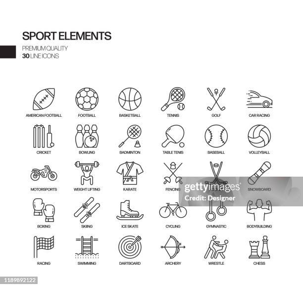 ilustraciones, imágenes clip art, dibujos animados e iconos de stock de conjunto simple de iconos de línea vectorial relacionados con elementos deportivos. colección de símbolos de esquema - hockey su pista