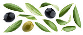Black and green olives with leaves isolated on white background