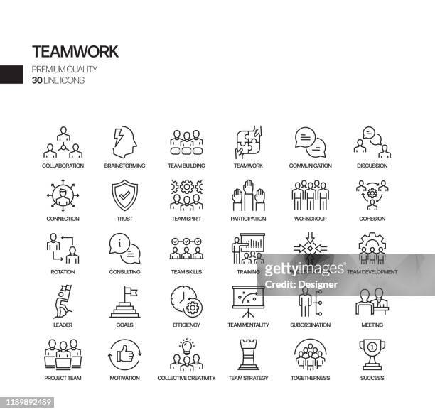 simple set of teamwork related vector line icons. outline symbol collection - true events stock illustrations