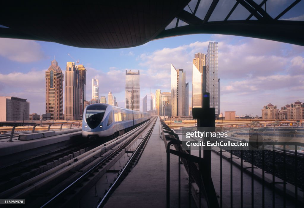 Arrival of metro at a modern business district