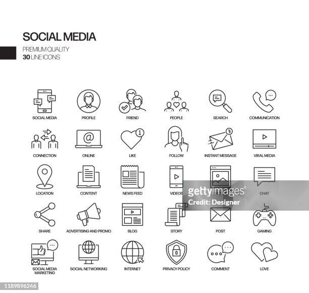 einfache satz von social media verwandte vektor linie icons. umrisssymbol-auflistung - social media symbol stock-grafiken, -clipart, -cartoons und -symbole