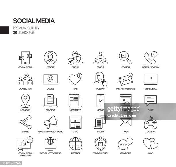 simple set of social media related vector line icons. outline symbol collection - following stock illustrations