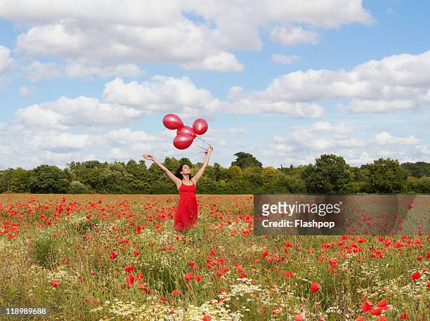 woman holding balloons in a poppy field - stehmohn stock-fotos und bilder
