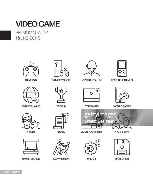 stockillustraties, clipart, cartoons en iconen met eenvoudige set van video game gerelateerde vector lijn iconen. outline symbol-collectie - game icons