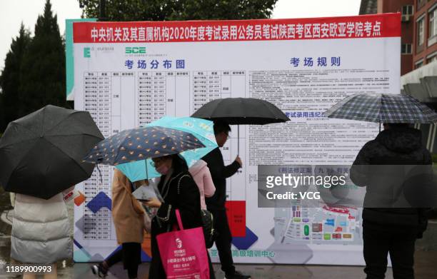 Examinees check information in the rain at an exam site of the national civil servant exam on November 24, 2019 in Xi'an, Shaanxi Province of China....