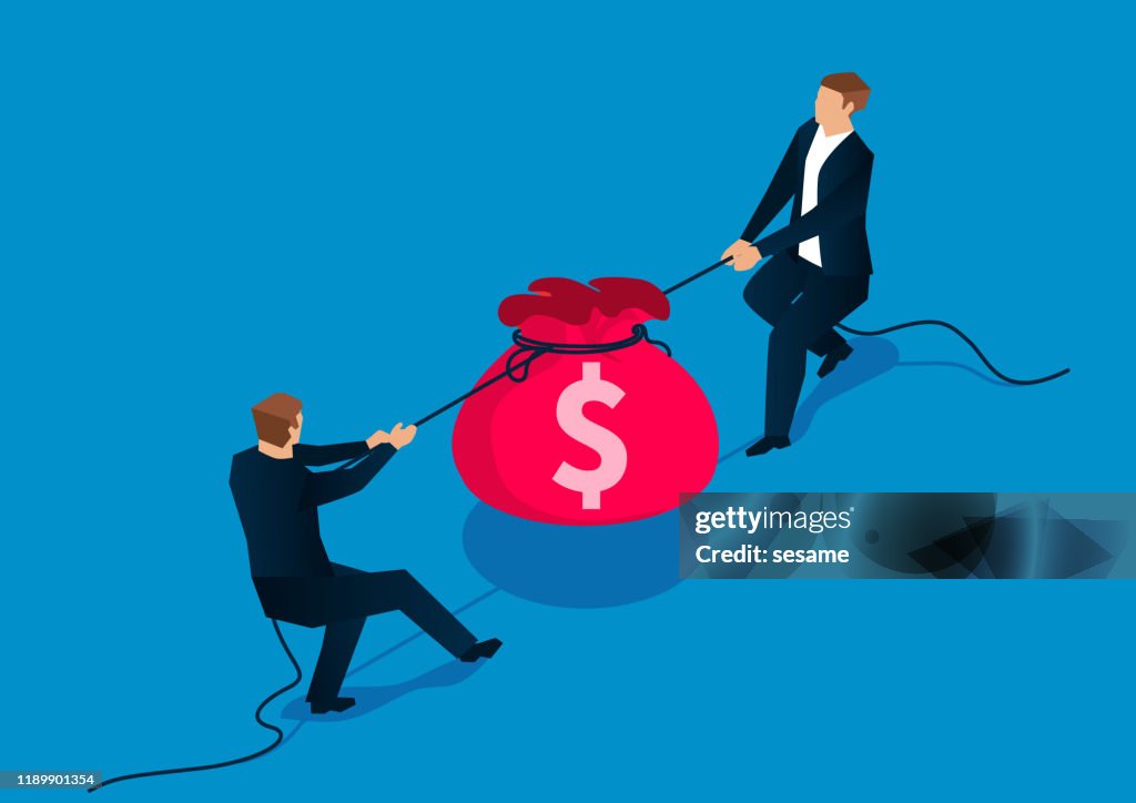 Market competition, two businessmen tug a river to grab a purse