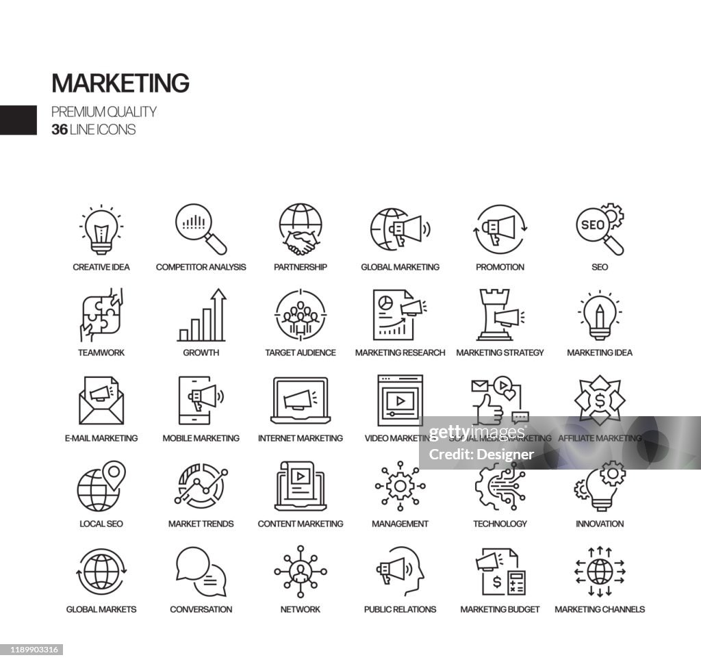 Conjunto simples de ícones da linha de vetor relacionado s marketing. Coleção de símbolos de esboço