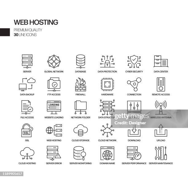 bildbanksillustrationer, clip art samt tecknat material och ikoner med enkel uppsättning webbhotell relaterade vektor linje ikoner. samling med dispositionssymboler - network server