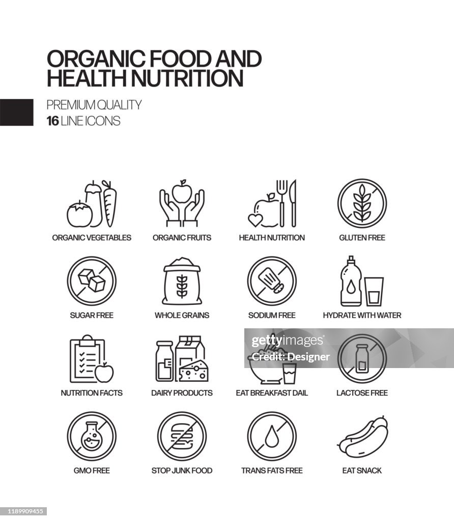 Simple Set of Organic Food and Health Nutrition Related Vector Line Icons. Outline Symbol Collection