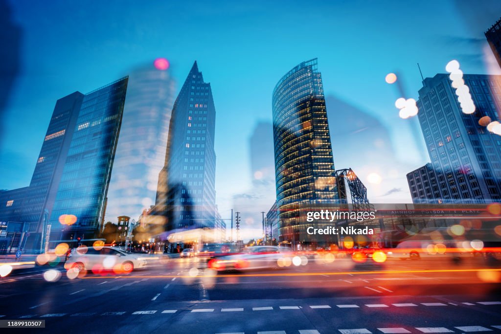 Abstract Potsdamer Platz at dusk, Berlin, Germany