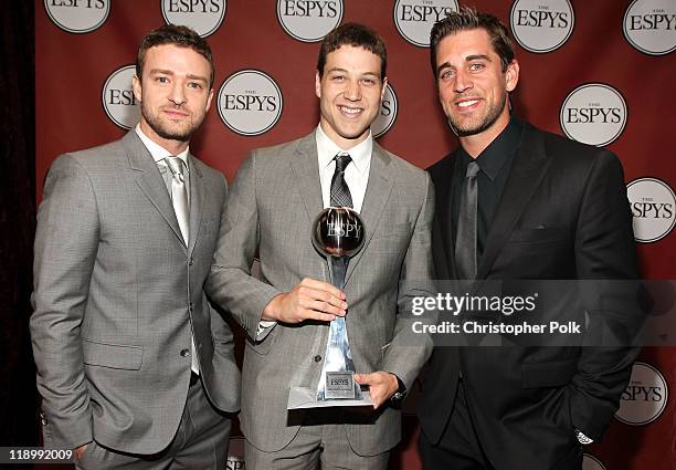 Actor/singer Justin Timberlake, ESPY Best Male College Athlete Award winner NBA player Jimmer Fredette and NFL quarterback Aaron Rodgers attend The...