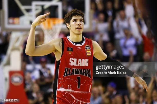 Lamelo Ball of the Hawks celebrates hitting a three point shot late in the final quarter during the round 8 NBL match between the Illawarra Hawks and...