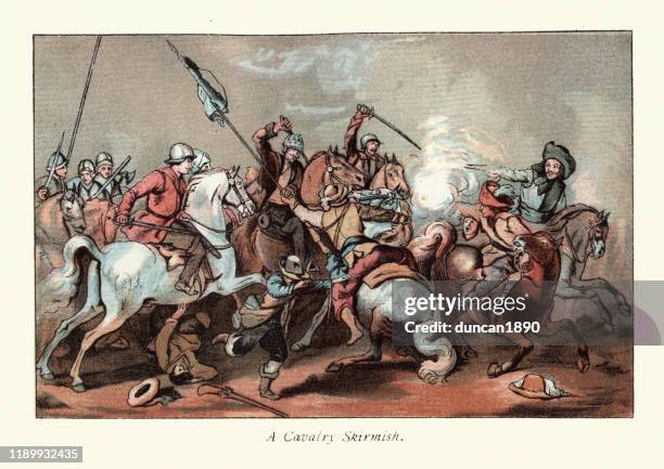 ilustraciones, imágenes clip art, dibujos animados e iconos de stock de escaramuza de caballería durante la guerra civil inglesa, cavaliers vs roundheads - battlefield