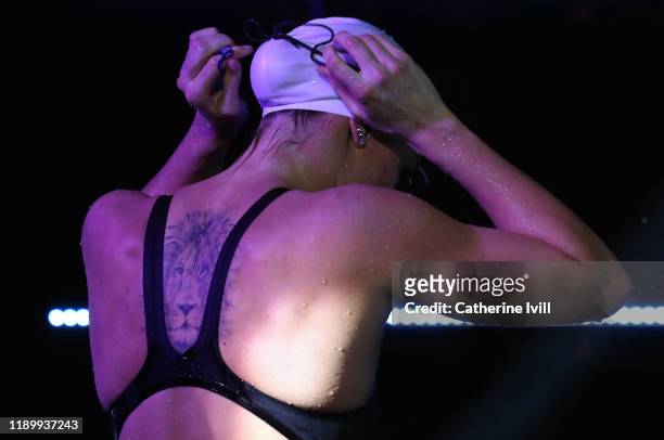 Competitor with a Lion tattoo on her back during Day Two of the International Swimming League at Aquatics Centre on November 24, 2019 in London,...