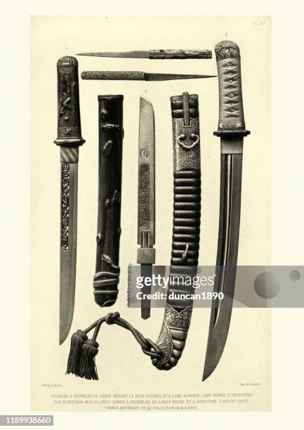 ancient japanese daggers and knives, vintage weapons - samurai sword stock illustrations