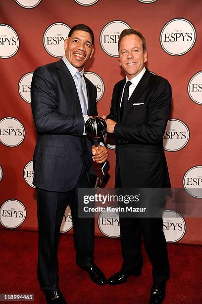 Arthur Ashe Award Recipient Dewey Bozella and actor Kiefer Sutherland pose backstage at The 2011 ESPY Awards held at the Nokia Theatre L.A. Live on...