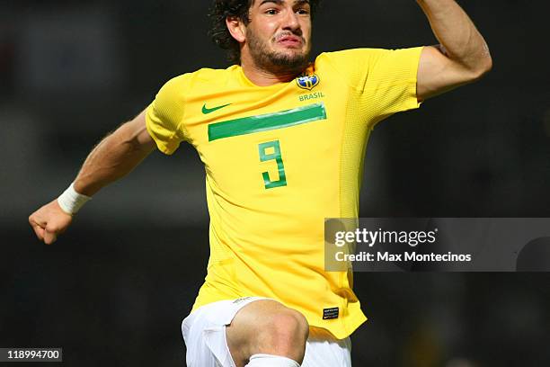 Alexandre Pato of Brasil celebrates after scoring against Ecuador during a match as part of group B of 2011 Copa America at Mario Alberto Kempes...