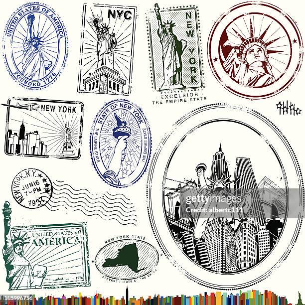 ilustraciones, imágenes clip art, dibujos animados e iconos de stock de sellos de estilo de la estatua de la libertad - statue of liberty new york city