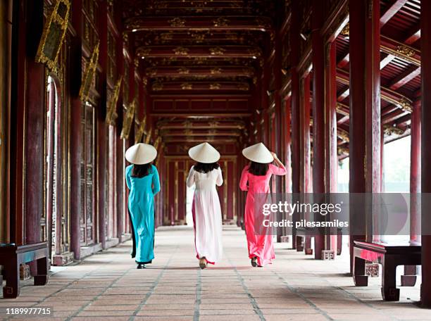 take three girls, imperial citadel, hue. - vietnam girl stock pictures, royalty-free photos & images