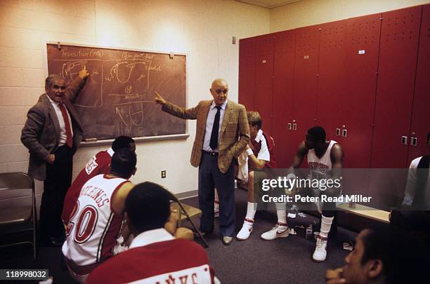 Coach Jerry Tarkanian speaking with players in locker room before game vs Utah at Thomas & Mack Center. Las Vegas, NV 2/9/1984 CREDIT: Peter Read...