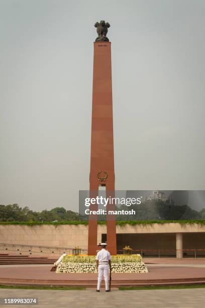 indian national war memorial with india gate in the background - india gate on a cloudy day stock pictures, royalty-free photos & images