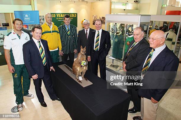 Current Wallaby players Scott Higginbotham and Nathan Sharpe with 2011 ARU Classic Wallaby Statesmen Elton Flatley, Tim Gavin, Terry Curley, Simon...