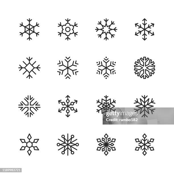 ilustraciones, imágenes clip art, dibujos animados e iconos de stock de iconos de línea de copo de nieve. trazo editable. píxel perfecto. para móviles y web. contiene iconos como nieve, copo de nieve, ornamento de navidad, decoración. - escarcha