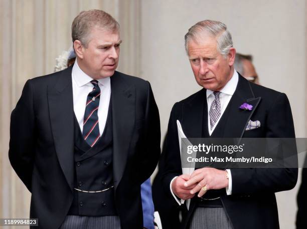 Prince Andrew, Duke of York and Prince Charles, Prince of Wales attend a Service of Thanksgiving to celebrate Queen Elizabeth II's Diamond Jubilee at...