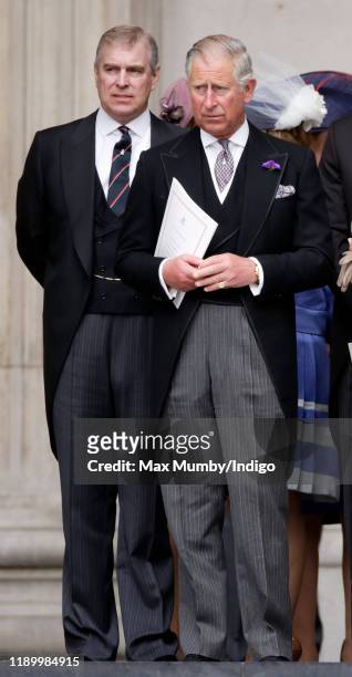 Prince Andrew, Duke of York and Prince Charles, Prince of Wales attend a Service of Thanksgiving to celebrate Queen Elizabeth II's Diamond Jubilee at...