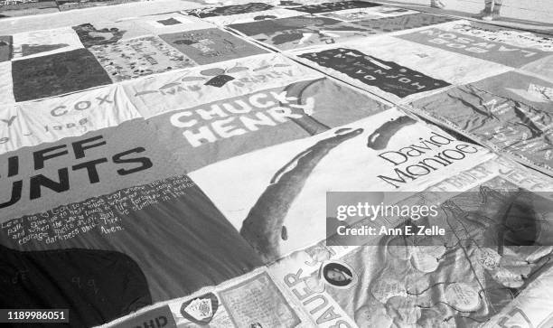 Close-up of panels in the NAMES Project AIDS Memorial Quilt , at the end of its year-long national tour, as it is displayed in the Ellipse ,...